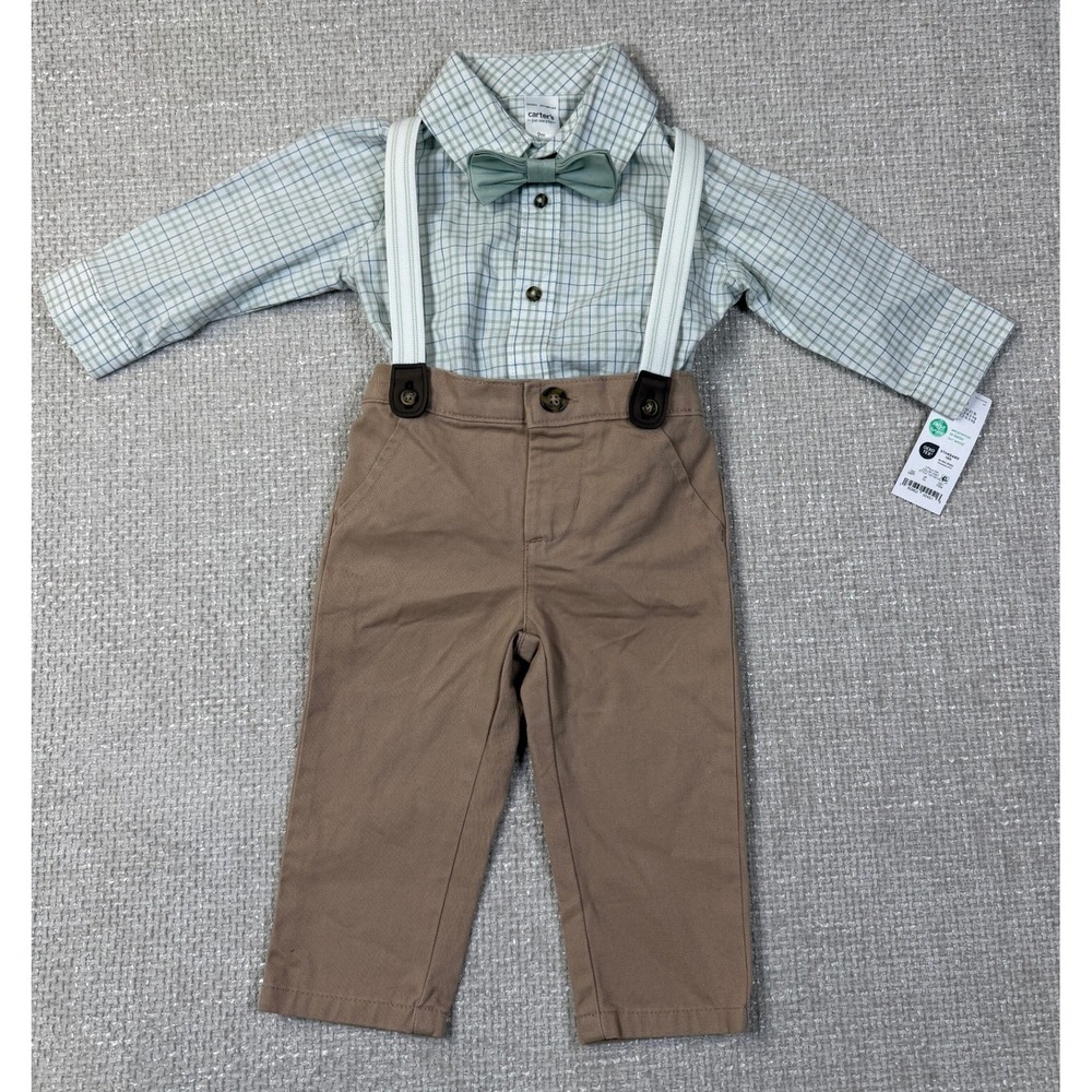 Carter's Baby Boy 4pc Plaid Shirt Suspenders Khaki Pants Bow Tie Set 9M NWT